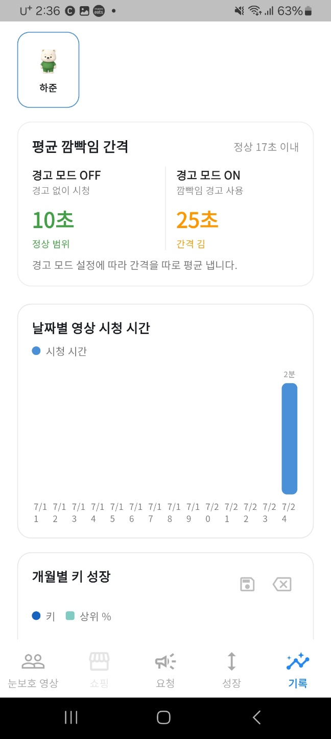 평균 깜빡임 간격 기록 카드